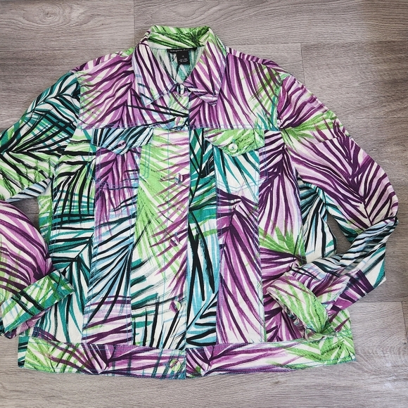 Margaret Frances Floral Top Jacket Size 14 Linen Button Purple‎ Lime Teal Tones - Picture 11 of 11